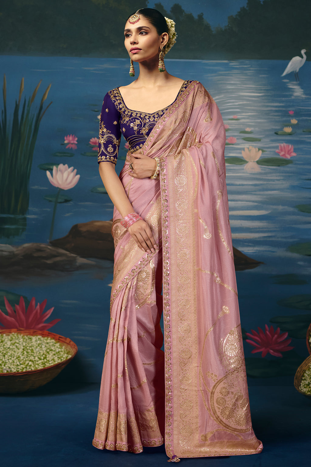 Lavender Dola Silk Saree with Handwork Border