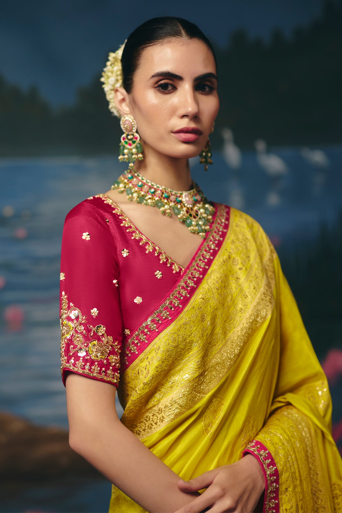 Vibrant Yellow Dola Silk Saree with Cutdana & Beads Work Border