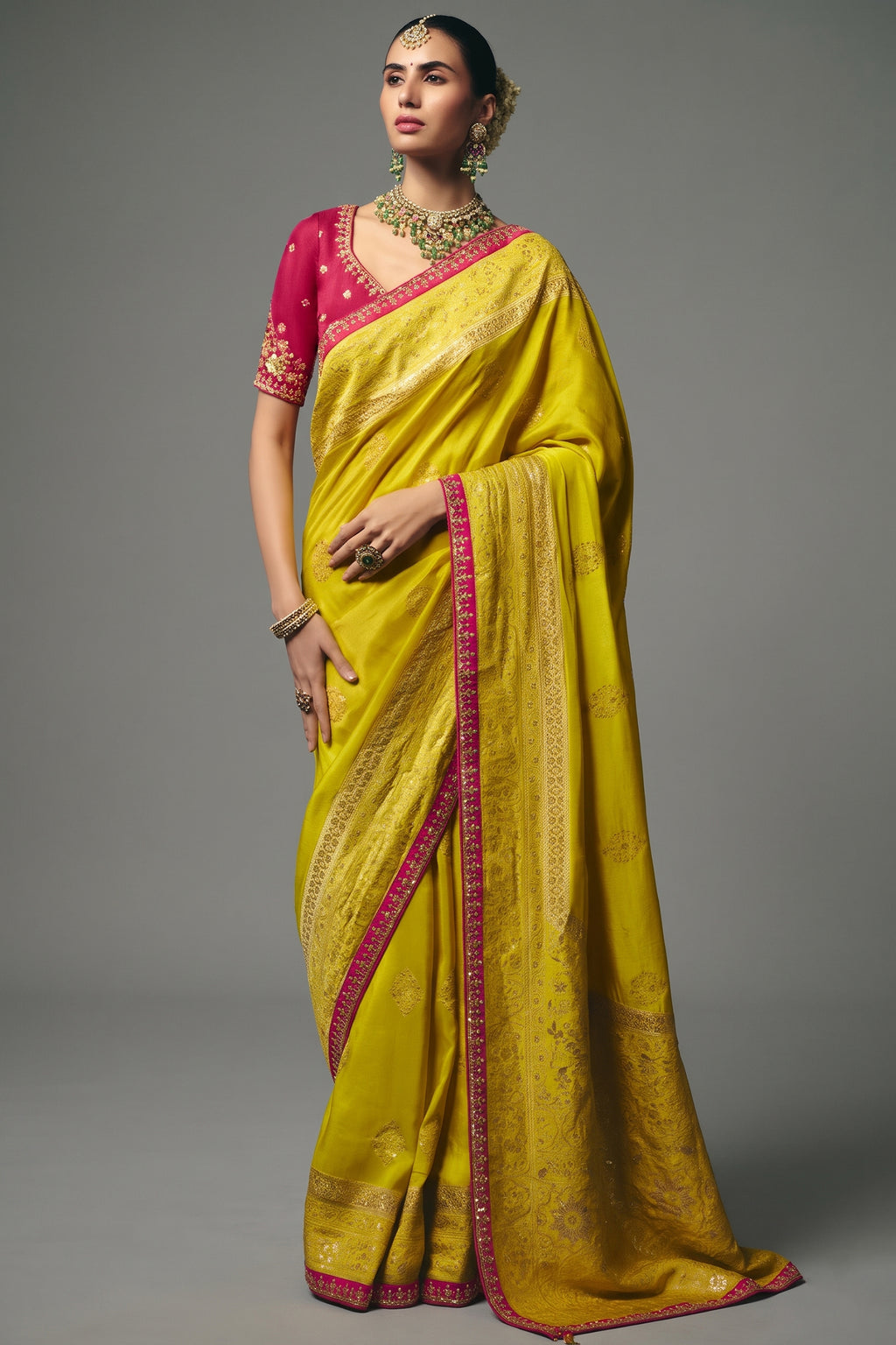 Vibrant Yellow Dola Silk Saree with Cutdana & Beads Work Border