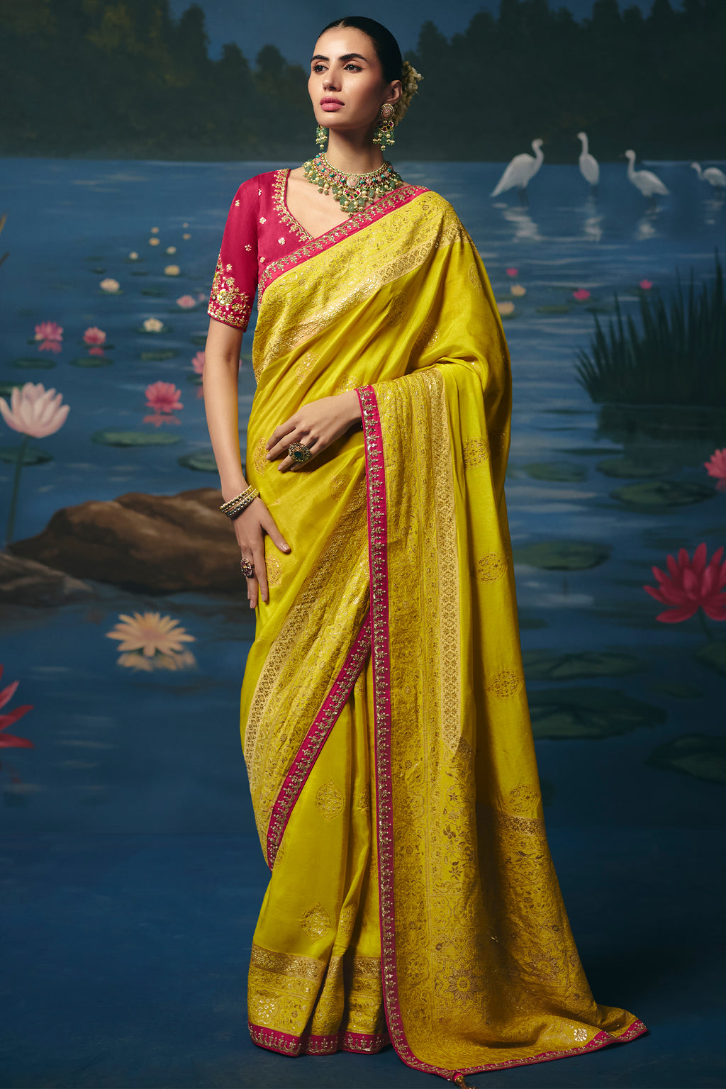 Vibrant Yellow Dola Silk Saree with Cutdana & Beads Work Border