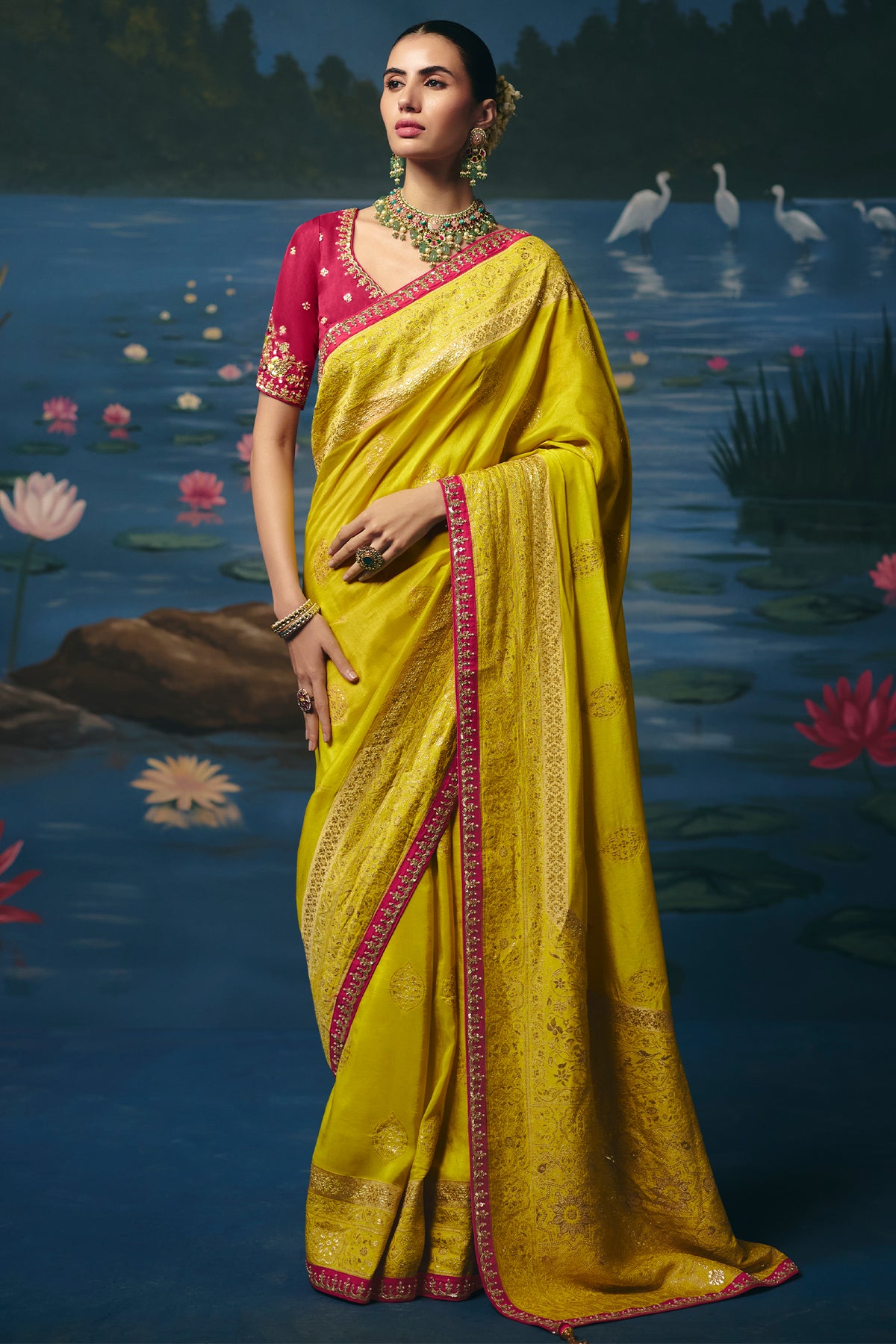 Vibrant Yellow Dola Silk Saree with Cutdana & Beads Work Border