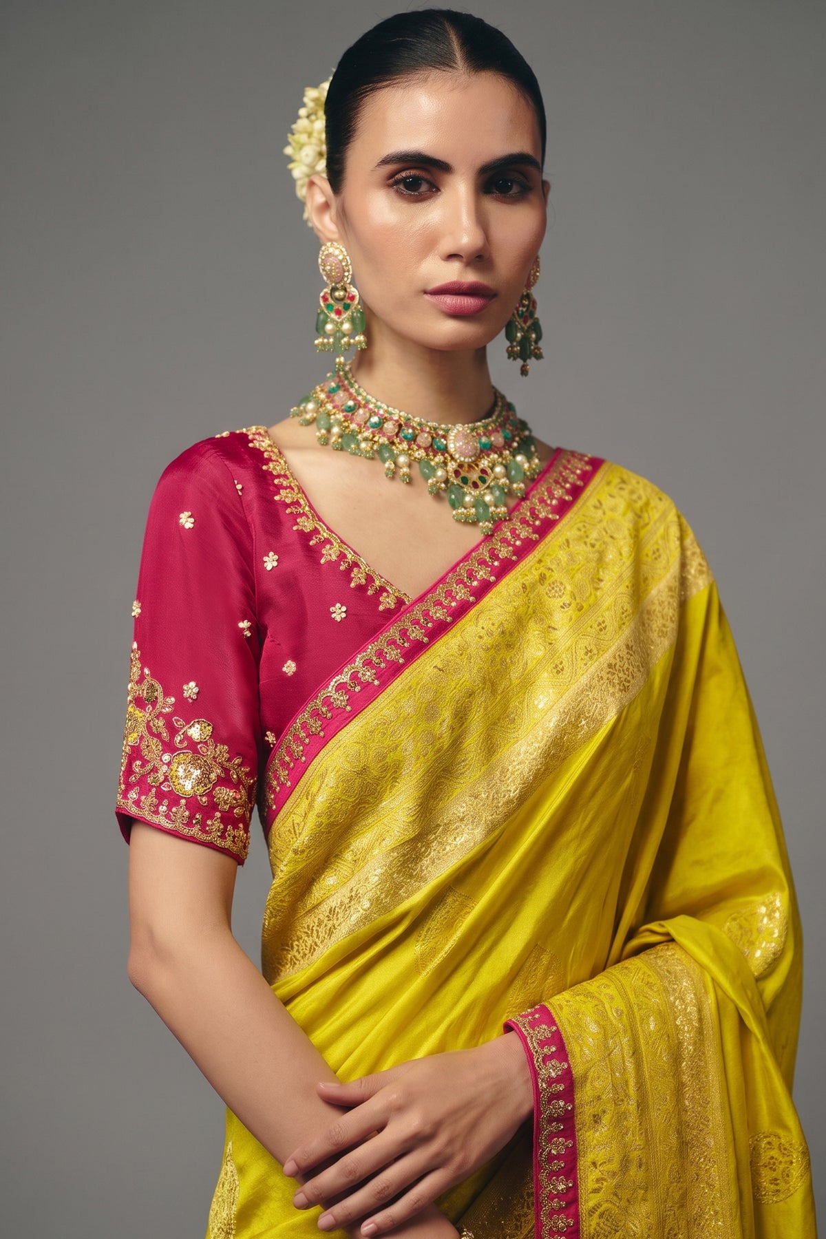 Vibrant Yellow Dola Silk Saree with Cutdana & Beads Work Border