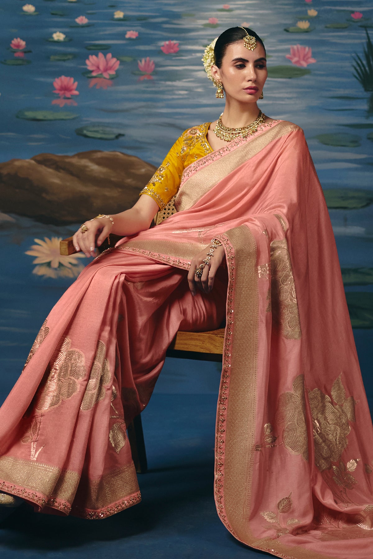 Pastel Peach Dola Silk Saree with Cutdana & Beads Border