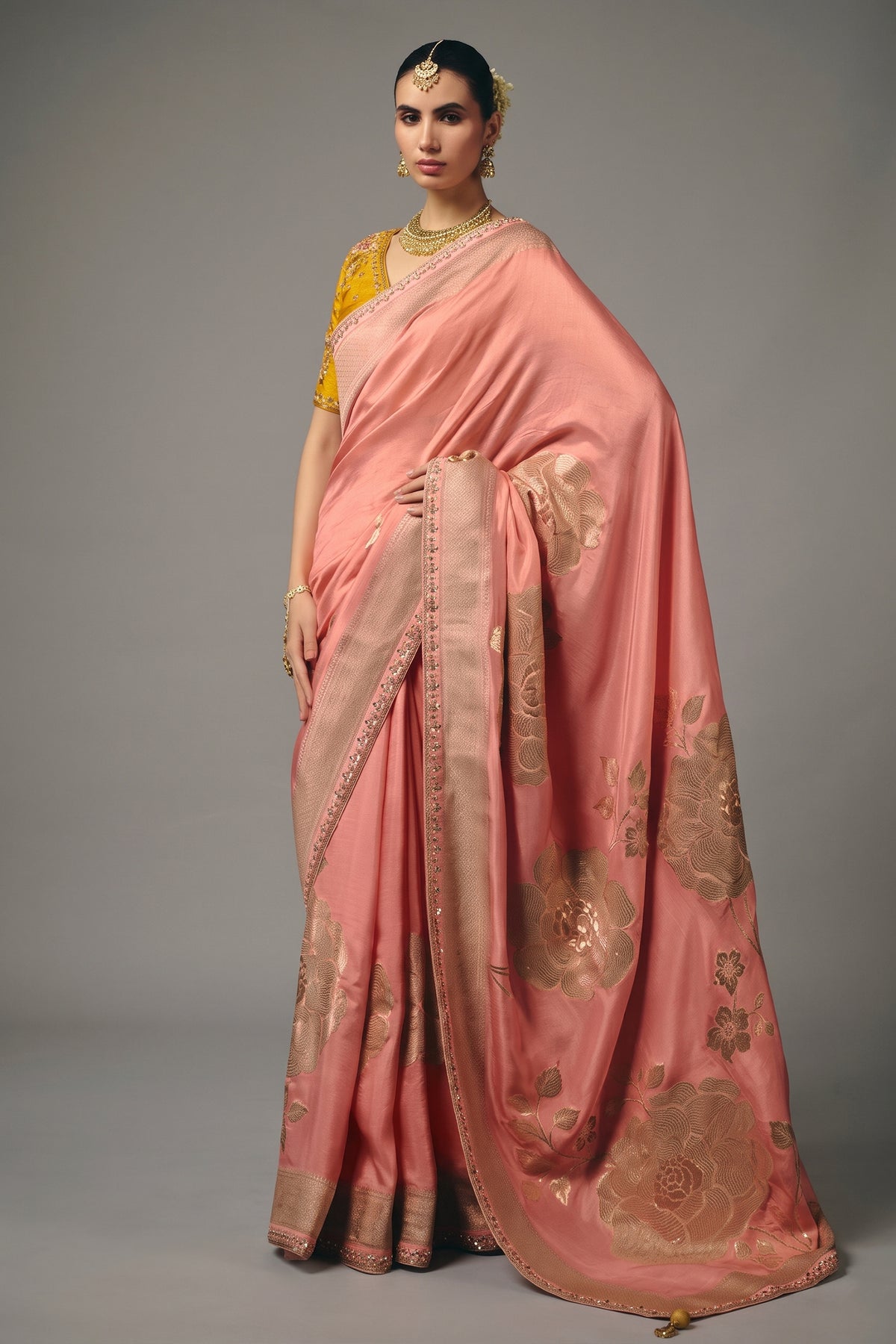 Pastel Peach Dola Silk Saree with Cutdana & Beads Border