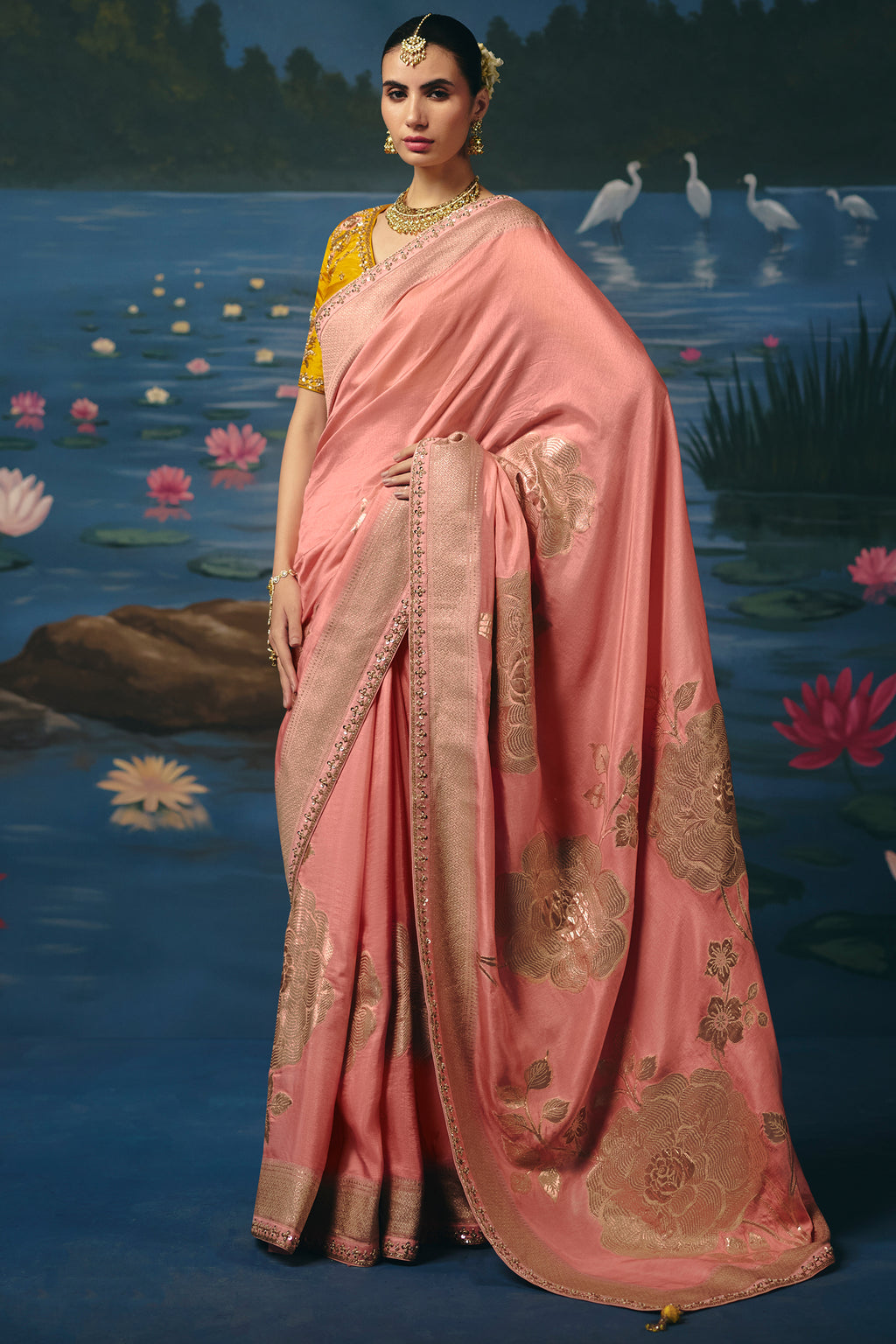 Pastel Peach Dola Silk Saree with Cutdana & Beads Border