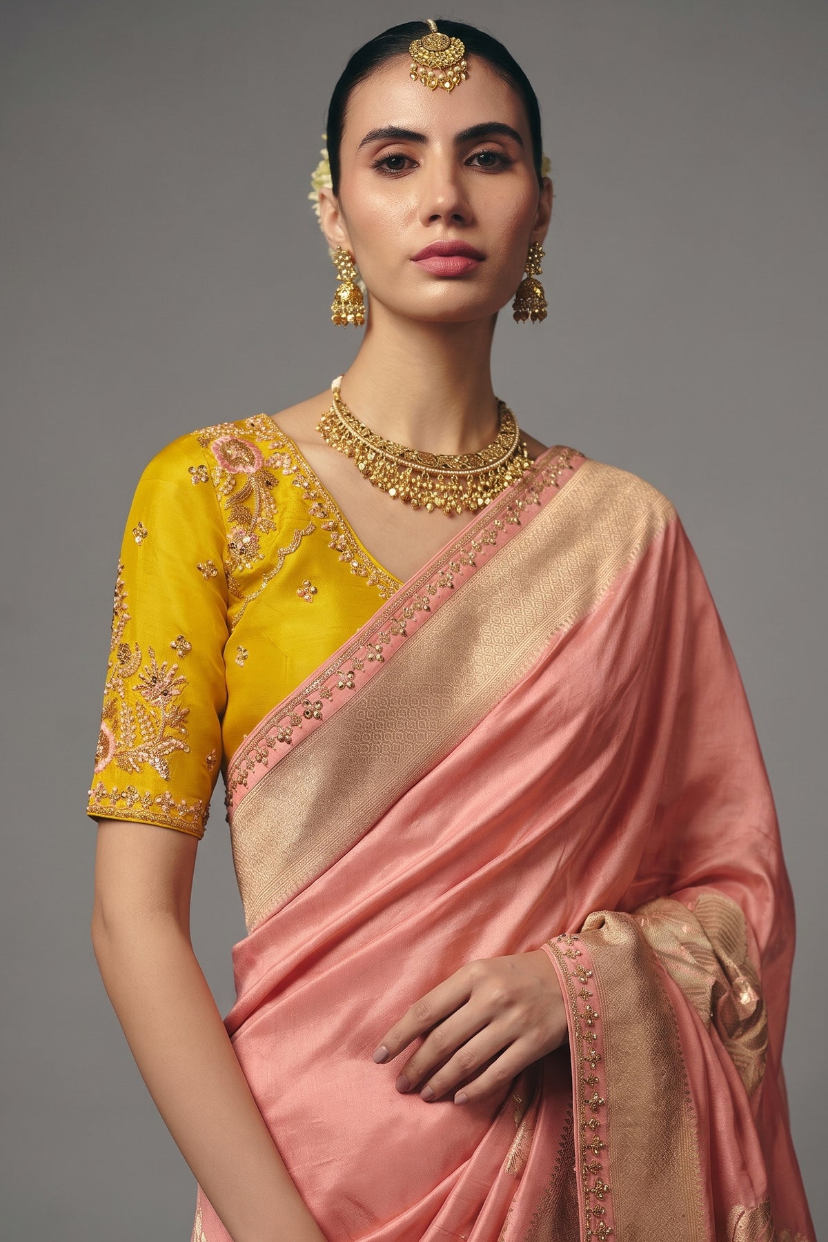 Pastel Peach Dola Silk Saree with Cutdana & Beads Border