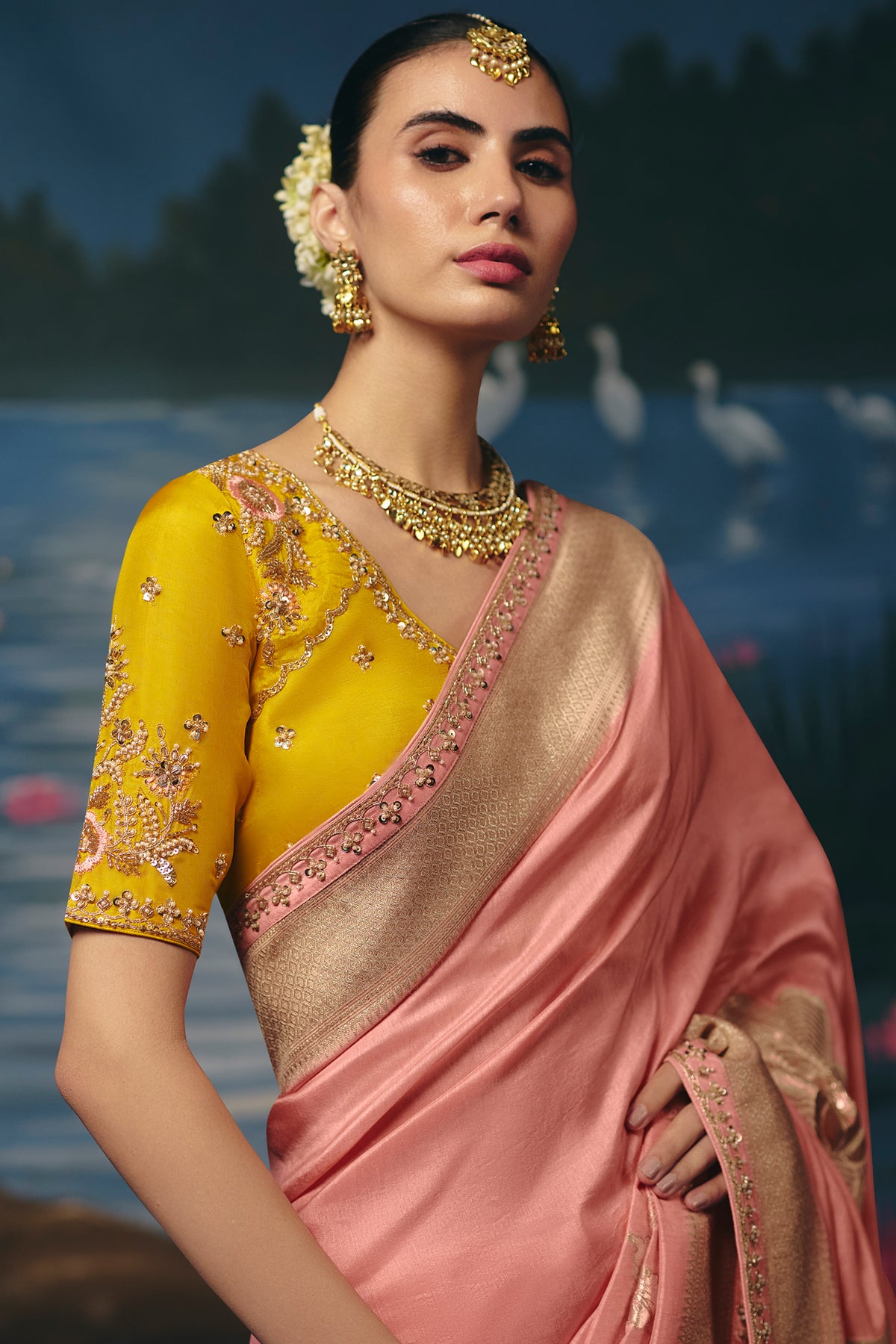 Pastel Peach Dola Silk Saree with Cutdana & Beads Border