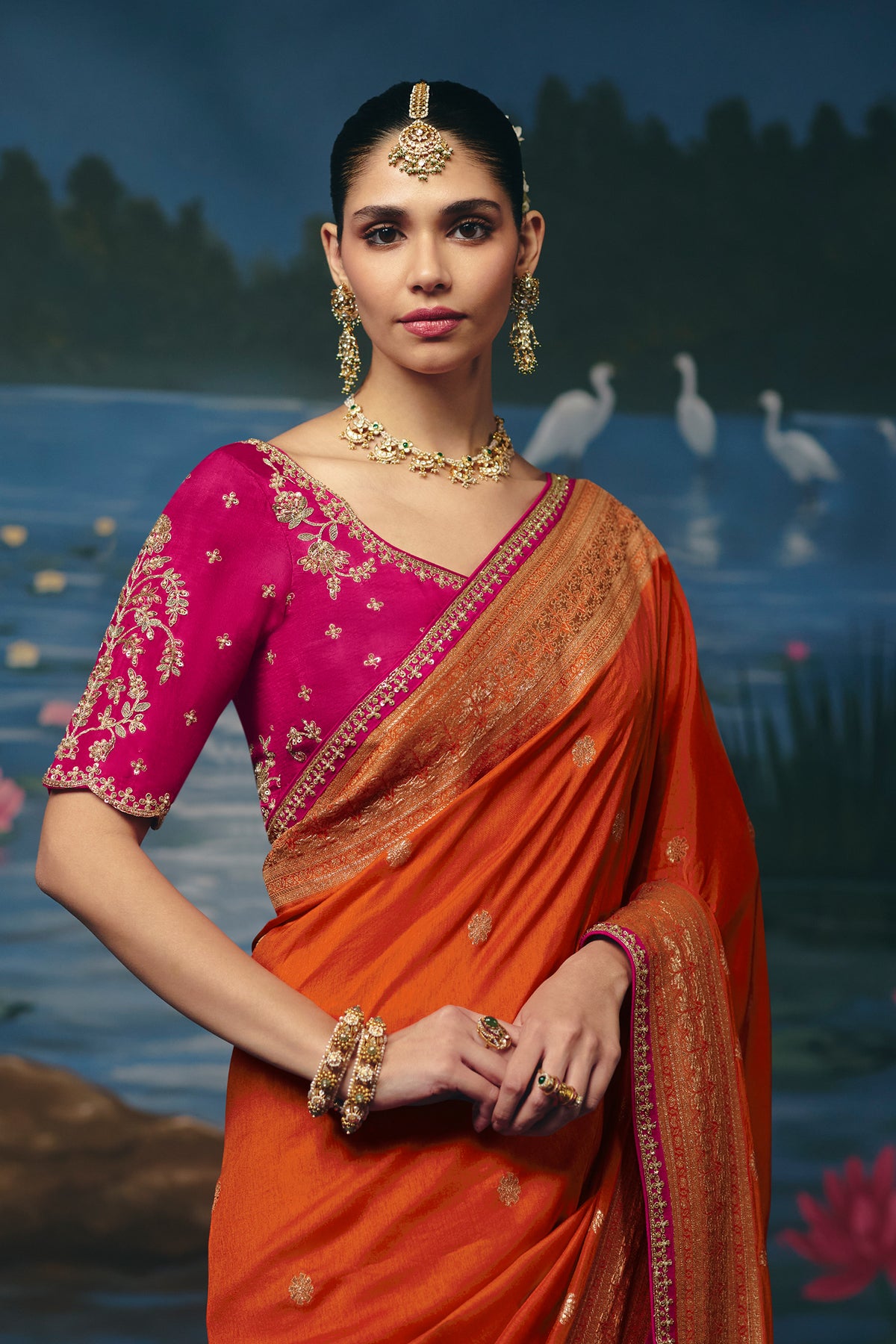 Rust Orange Dola Silk Saree with Handwork Border