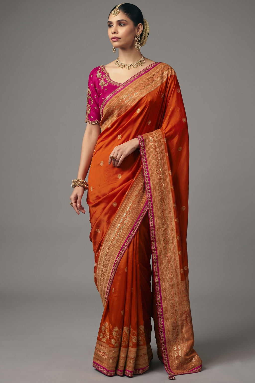 Rust Orange Dola Silk Saree with Handwork Border