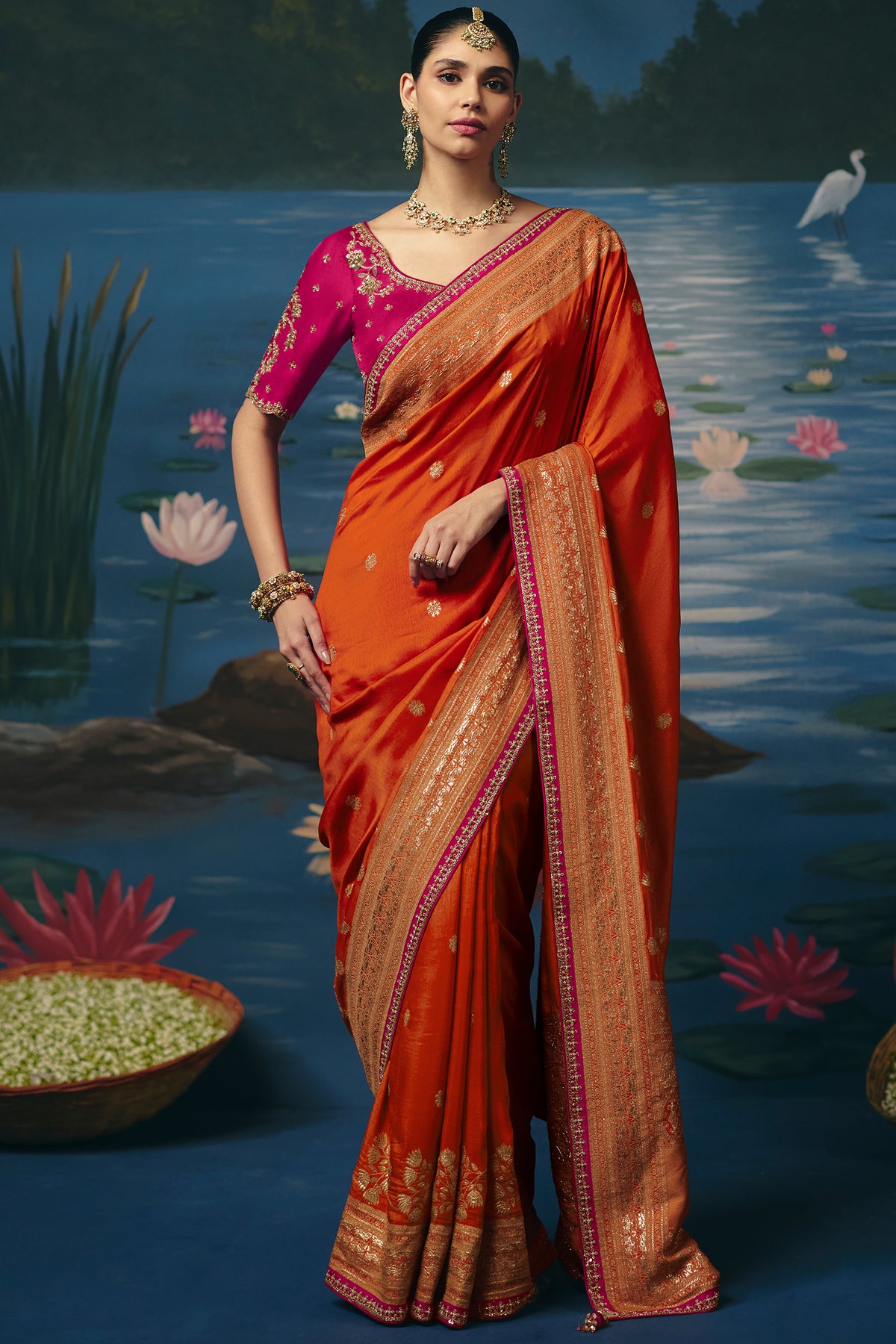 Rust Orange Dola Silk Saree with Handwork Border