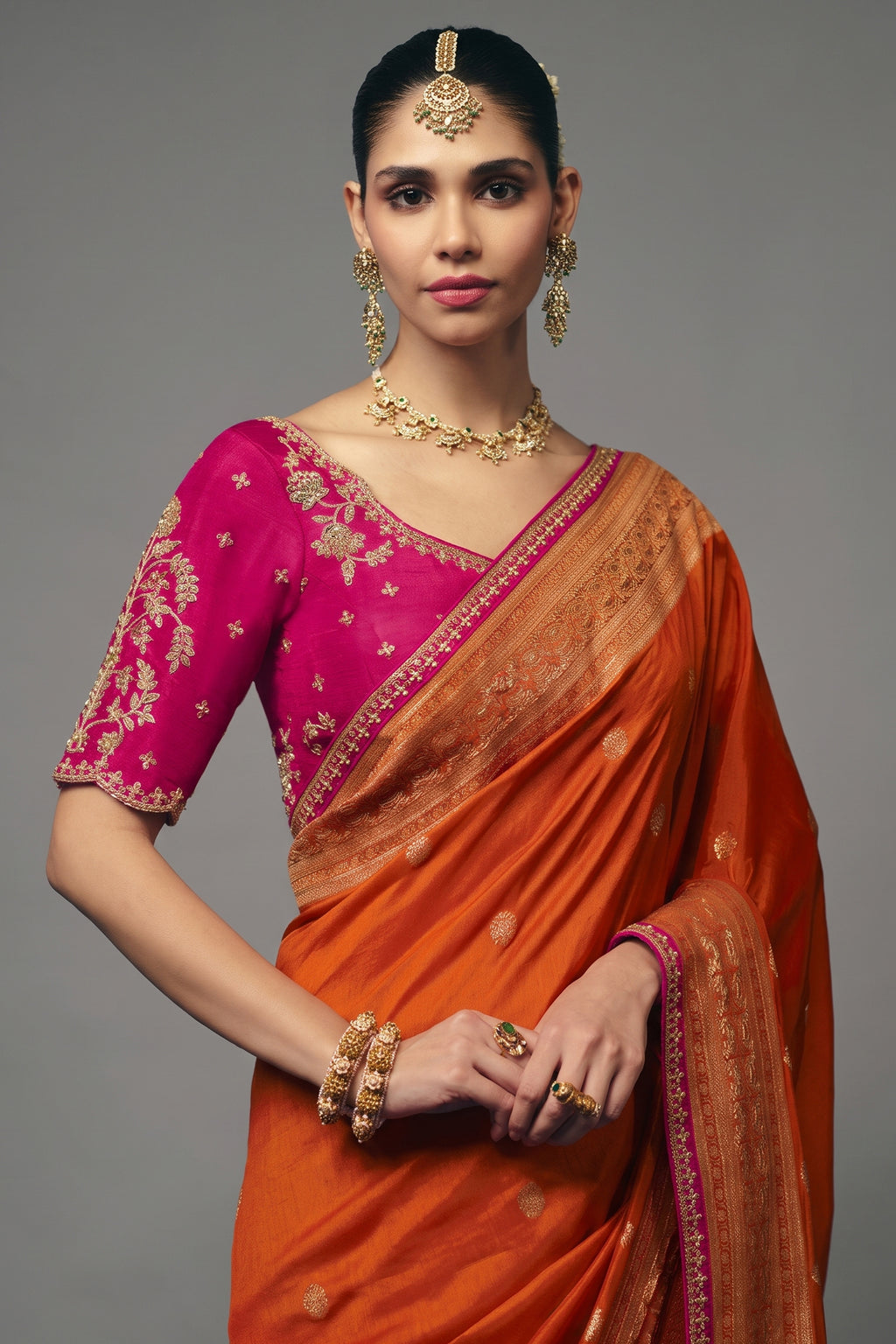 Rust Orange Dola Silk Saree with Handwork Border