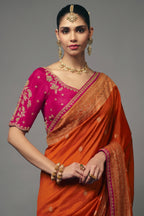 Rust Orange Dola Silk Saree with Handwork Border