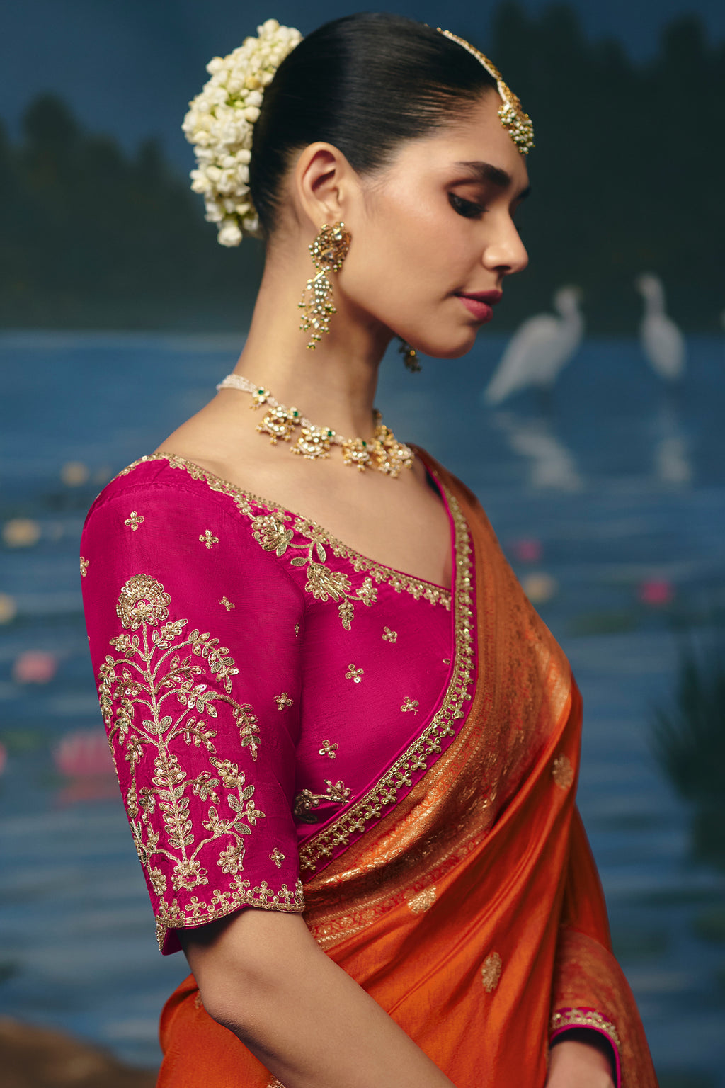 Rust Orange Dola Silk Saree with Handwork Border