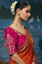 Rust Orange Dola Silk Saree with Handwork Border