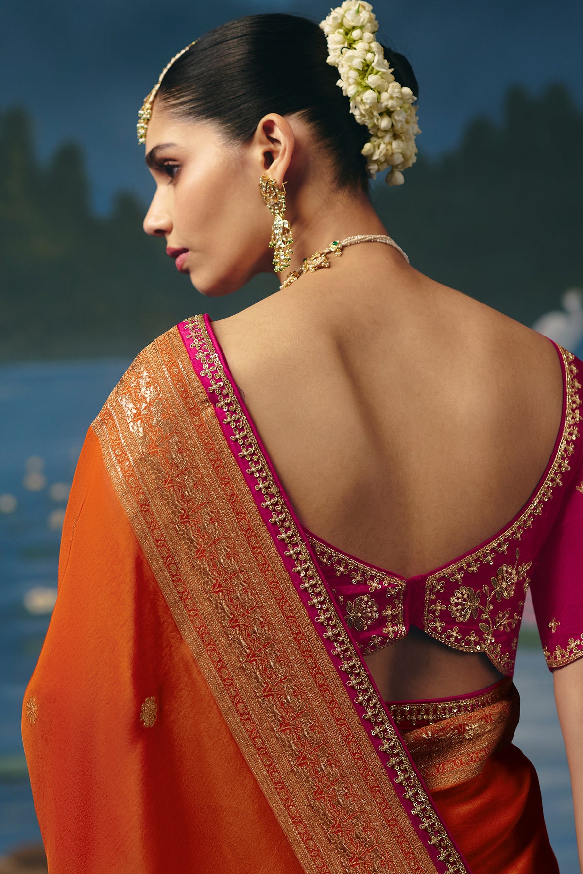 Rust Orange Dola Silk Saree with Handwork Border