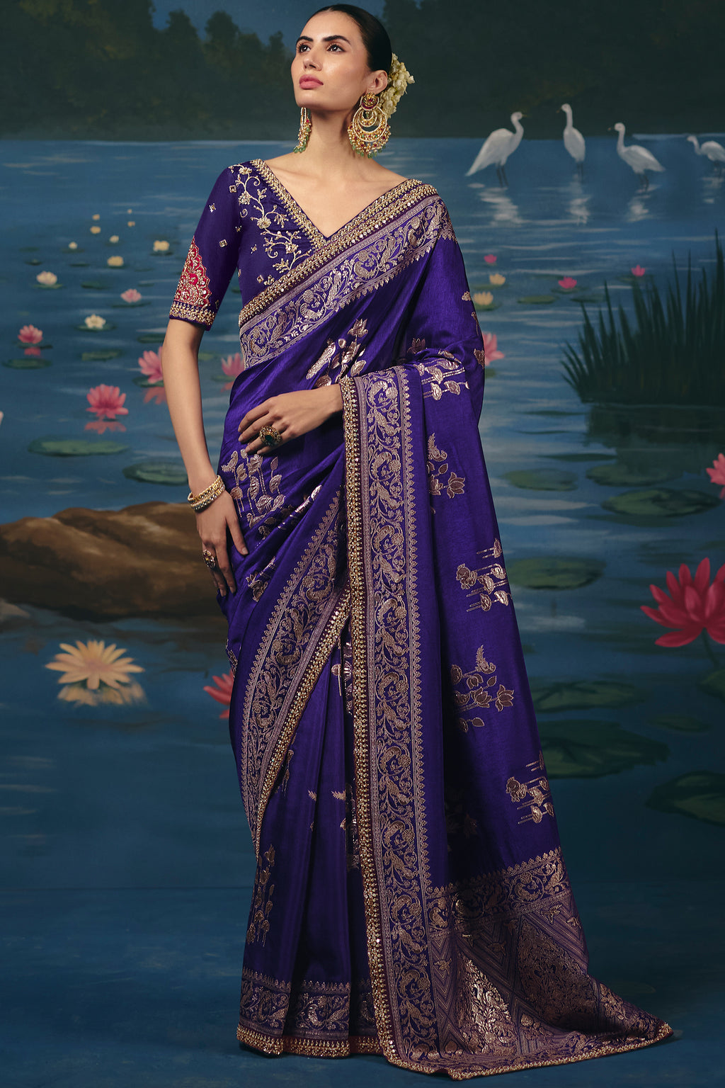 Deep Purple Dola Silk Saree highlighted with Intricate Weaving