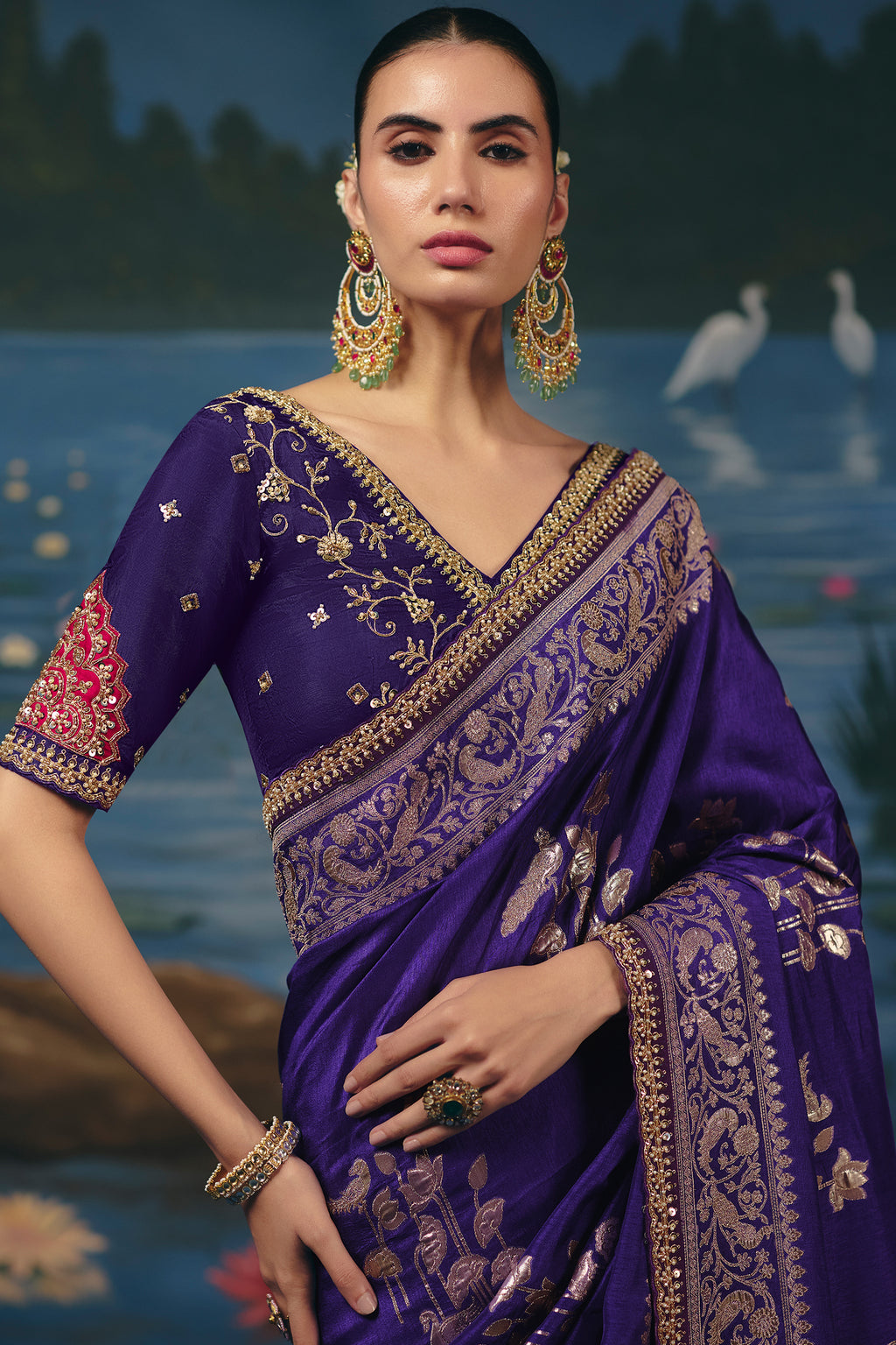 Deep Purple Dola Silk Saree highlighted with Intricate Weaving