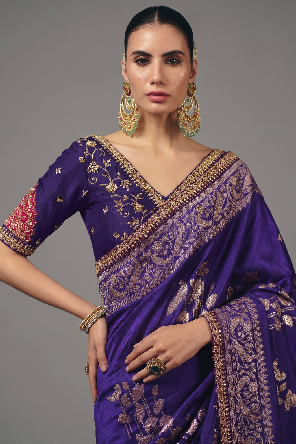 Deep Purple Dola Silk Saree highlighted with Intricate Weaving