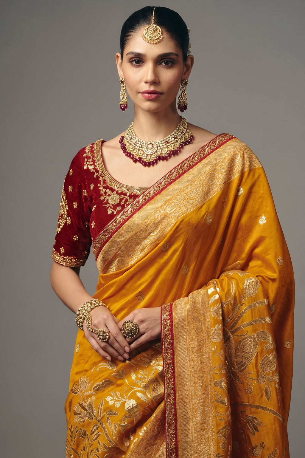 Mustard Gold Dola Silk Weaving Saree with Handwork Border