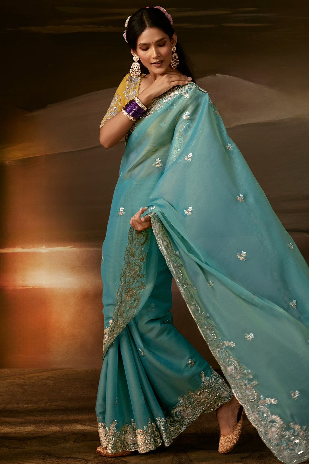 Aqua Blue Organza Saree with Intricate Gotta Patti
