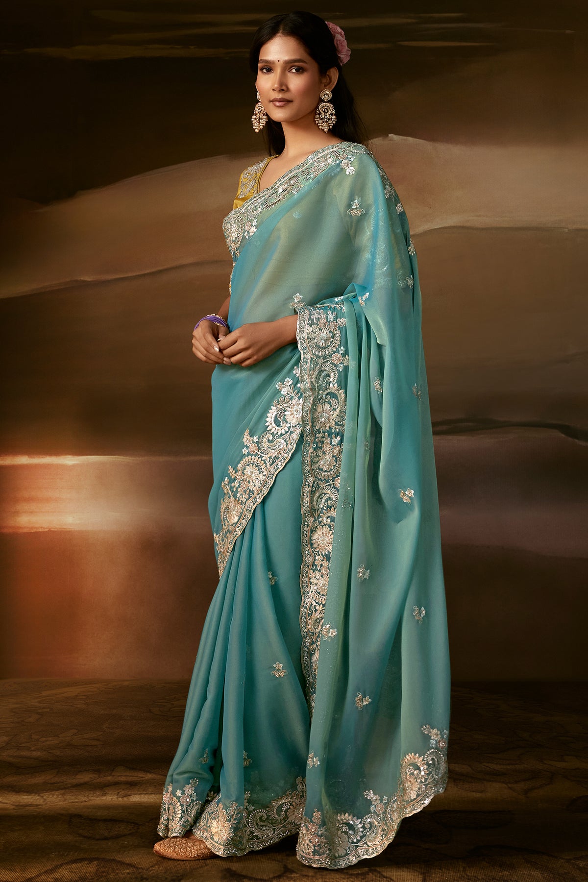 Aqua Blue Organza Saree with Intricate Gotta Patti