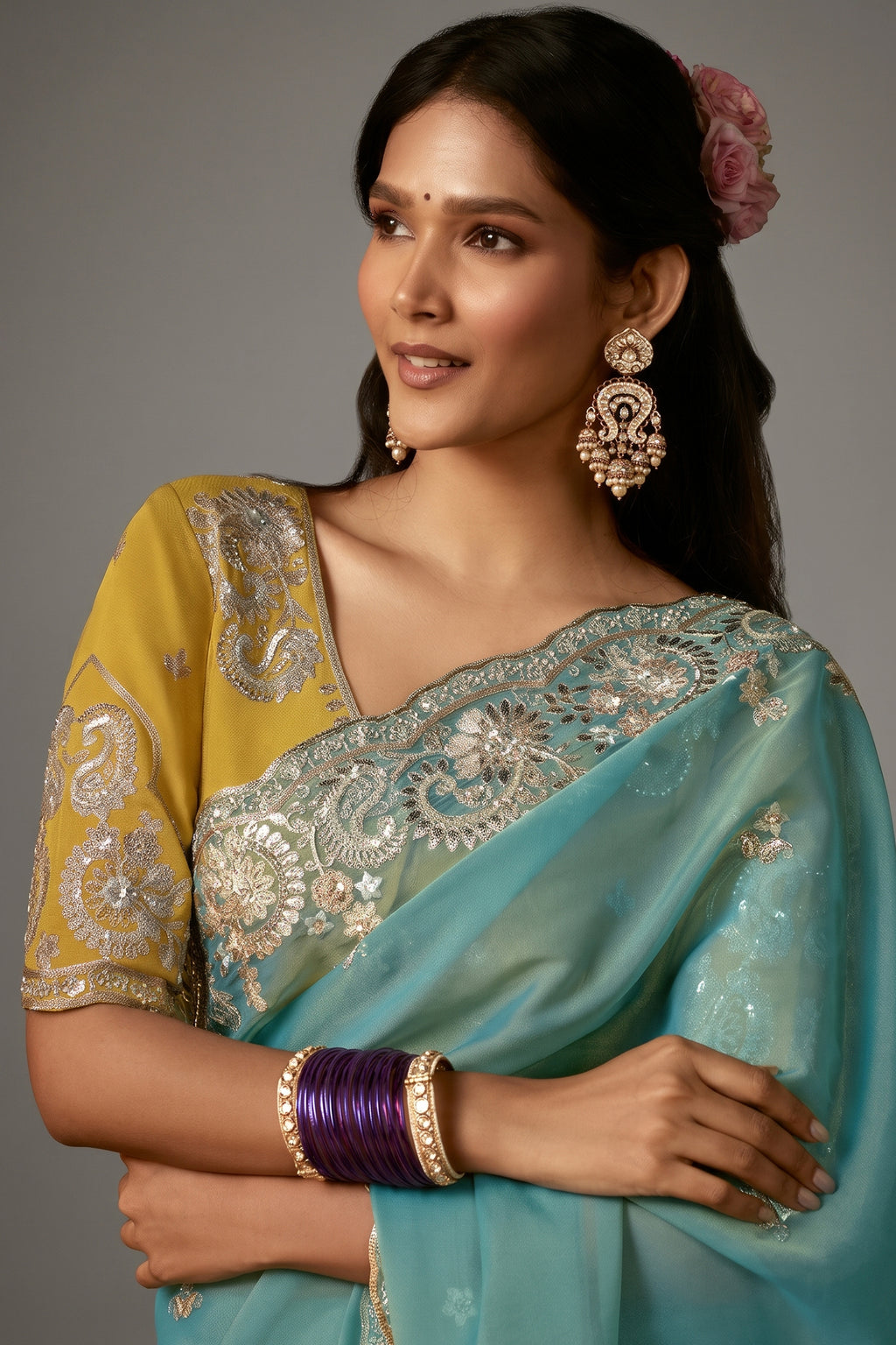 Aqua Blue Organza Saree with Intricate Gotta Patti