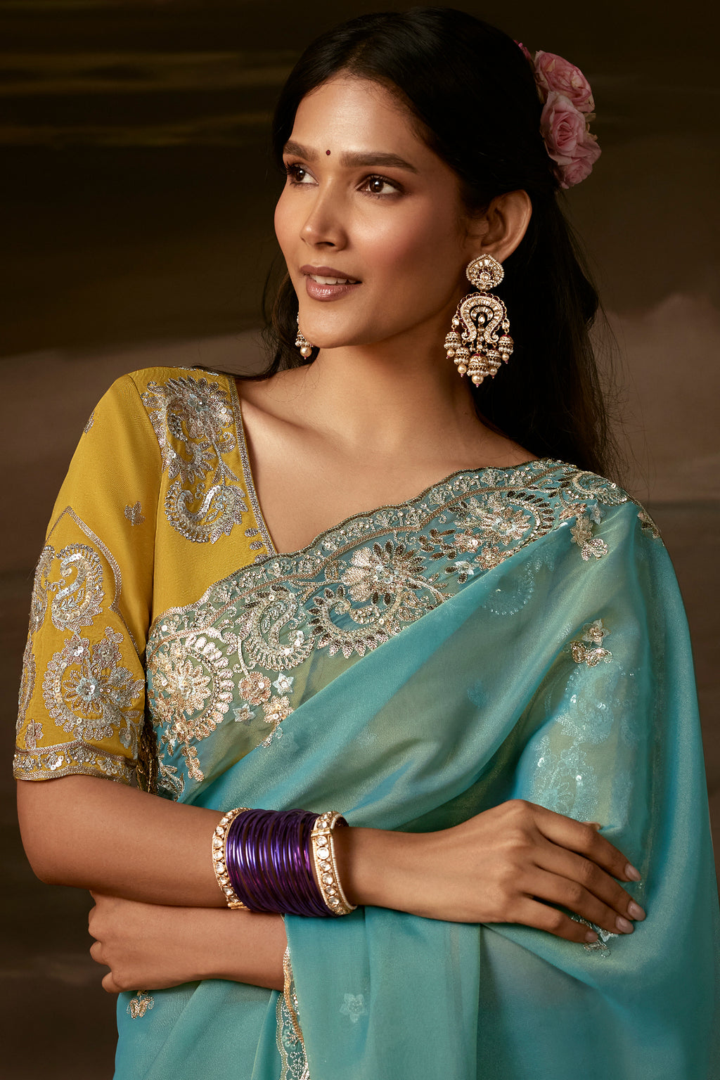 Aqua Blue Organza Saree with Intricate Gotta Patti