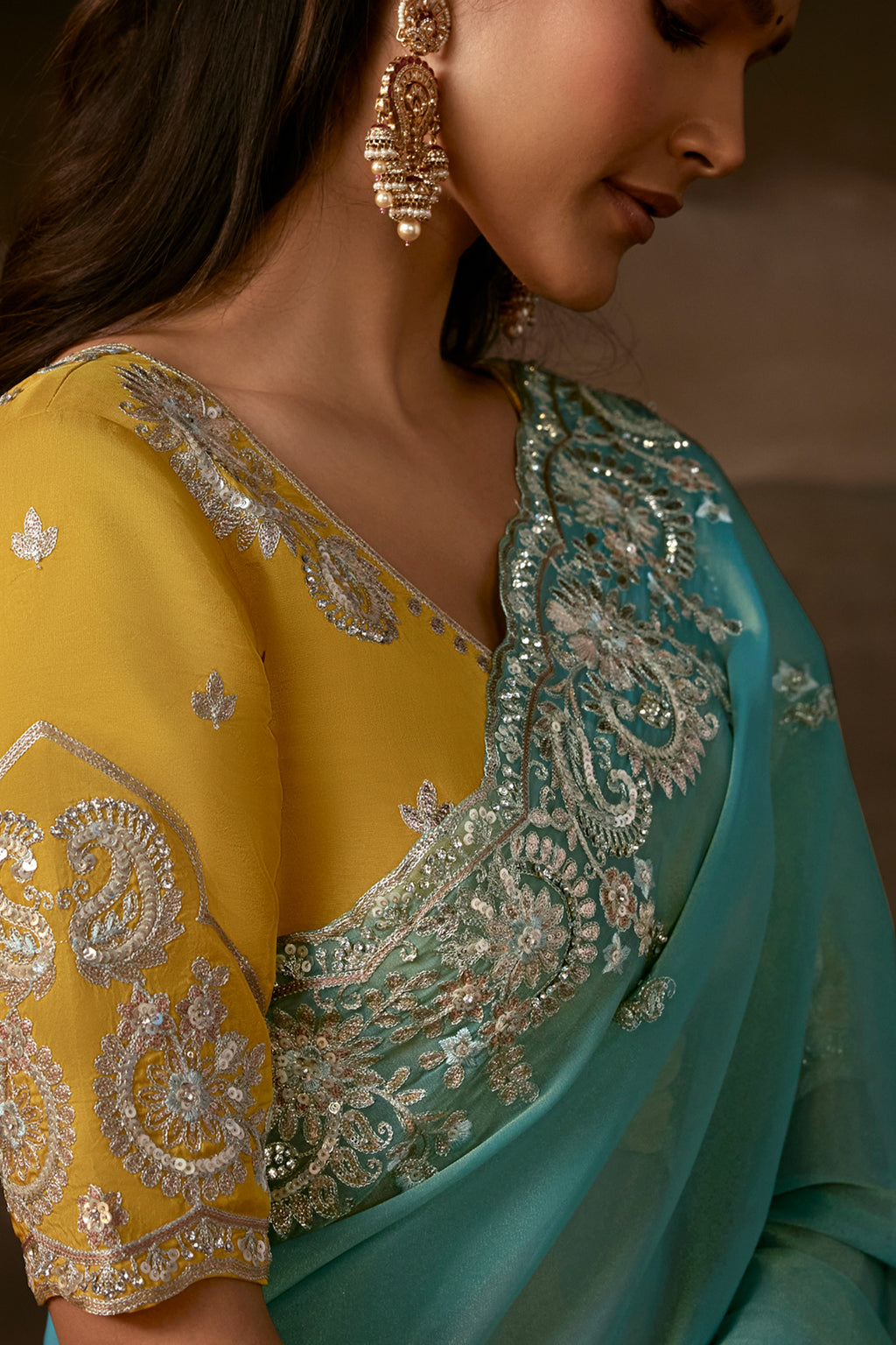 Aqua Blue Organza Saree with Intricate Gotta Patti
