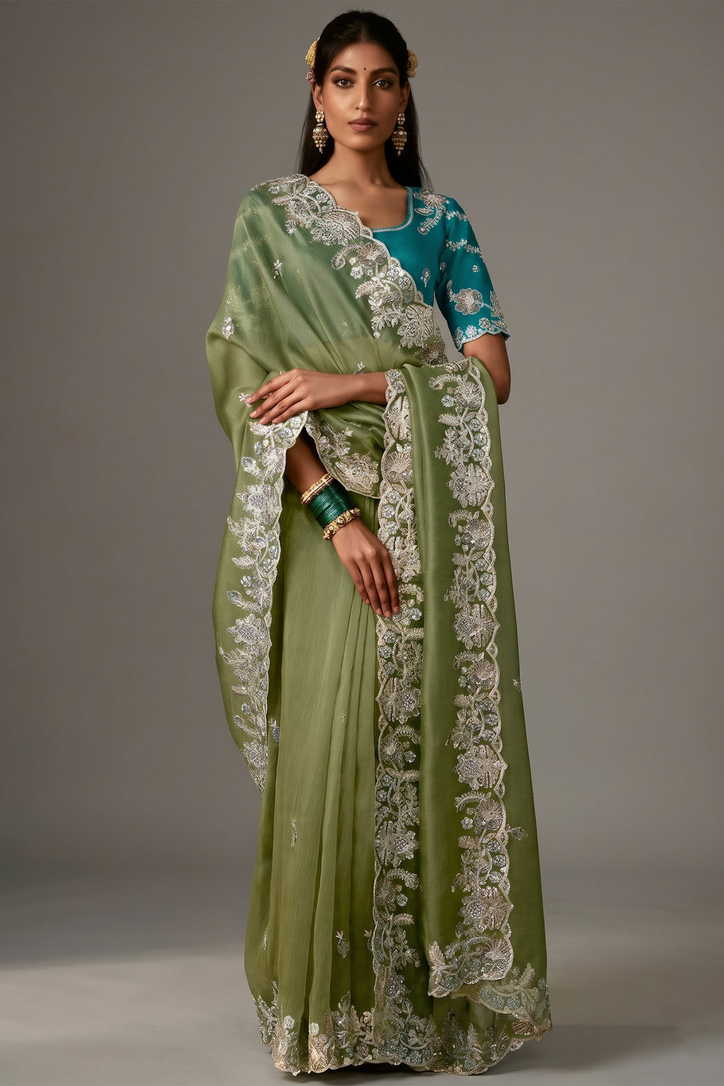 Sage Green Organza Saree with Elegant Aari Work