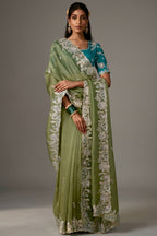 Sage Green Organza Saree with Elegant Aari Work