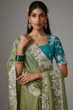 Sage Green Organza Saree with Elegant Aari Work