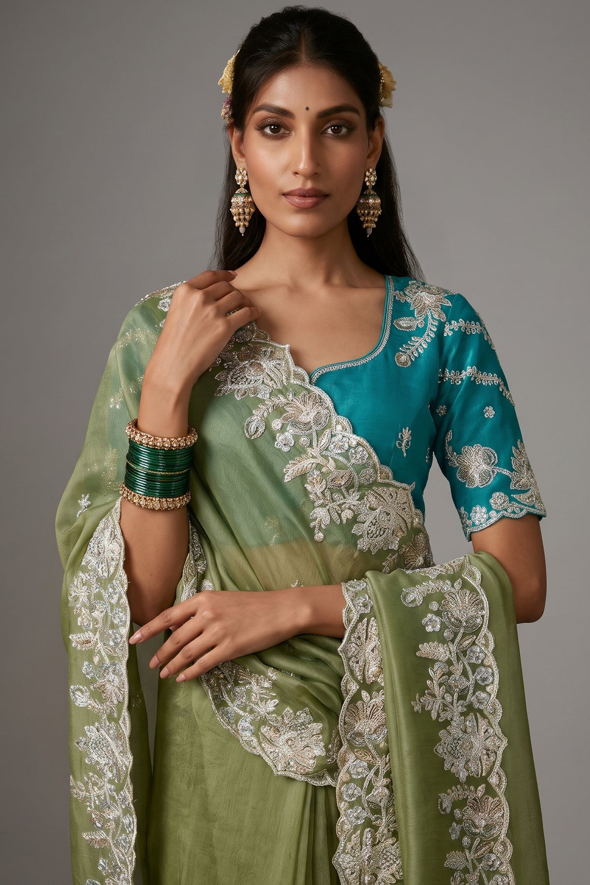 Sage Green Organza Saree with Elegant Aari Work