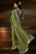 Sage Green Organza Saree with Elegant Aari Work