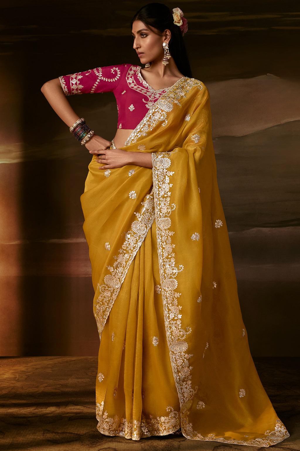 Mustard Yellow Organza Saree with Intricate Gotta Patti