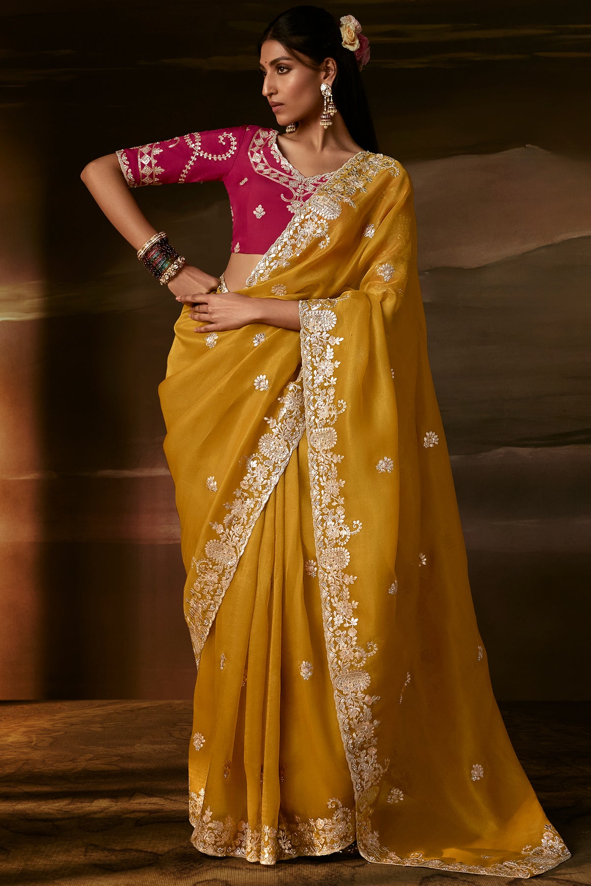 Mustard Yellow Organza Saree with Intricate Gotta Patti