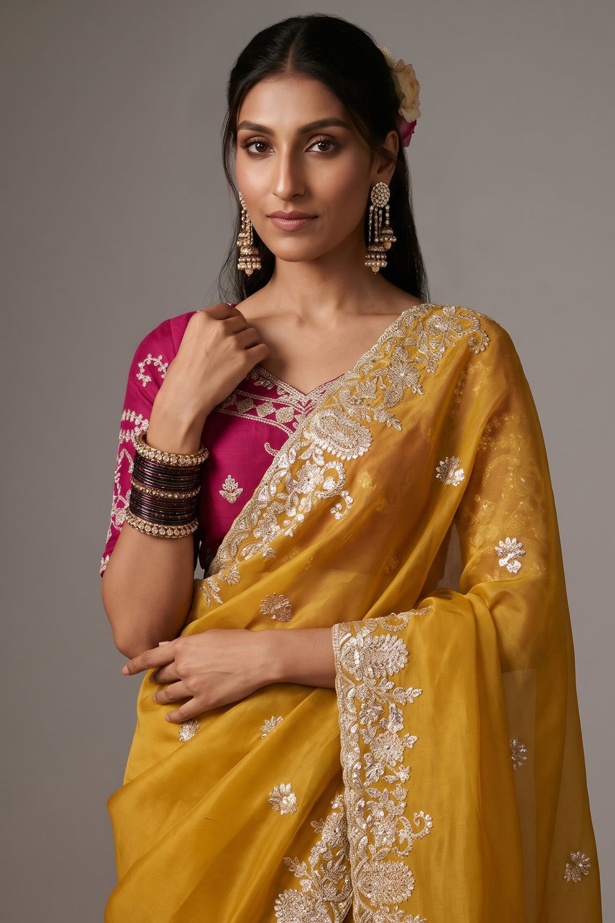 Mustard Yellow Organza Saree with Intricate Gotta Patti