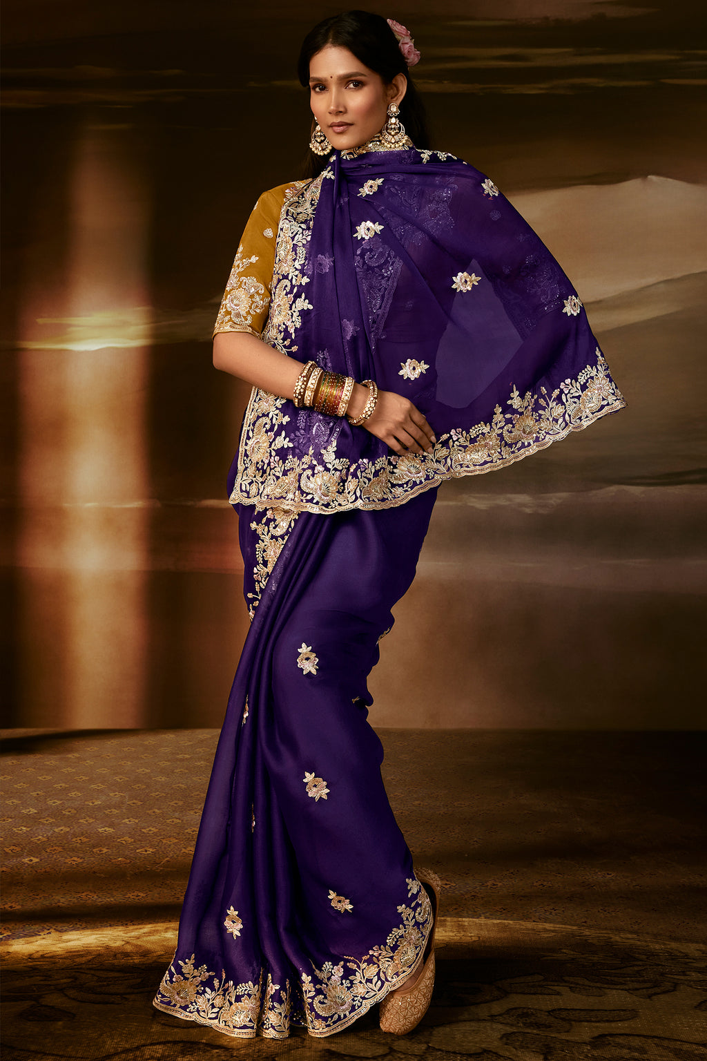 Deep Purple Organza Saree with Gotta Patti