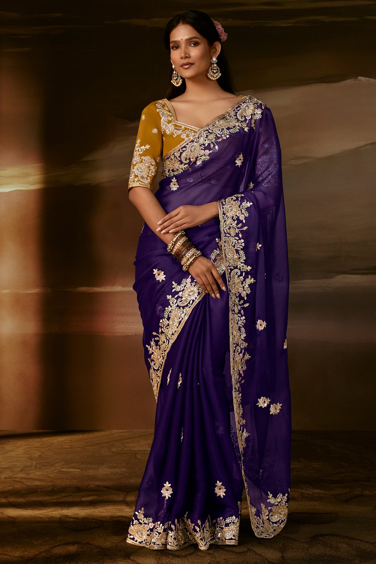 Deep Purple Organza Saree with Gotta Patti