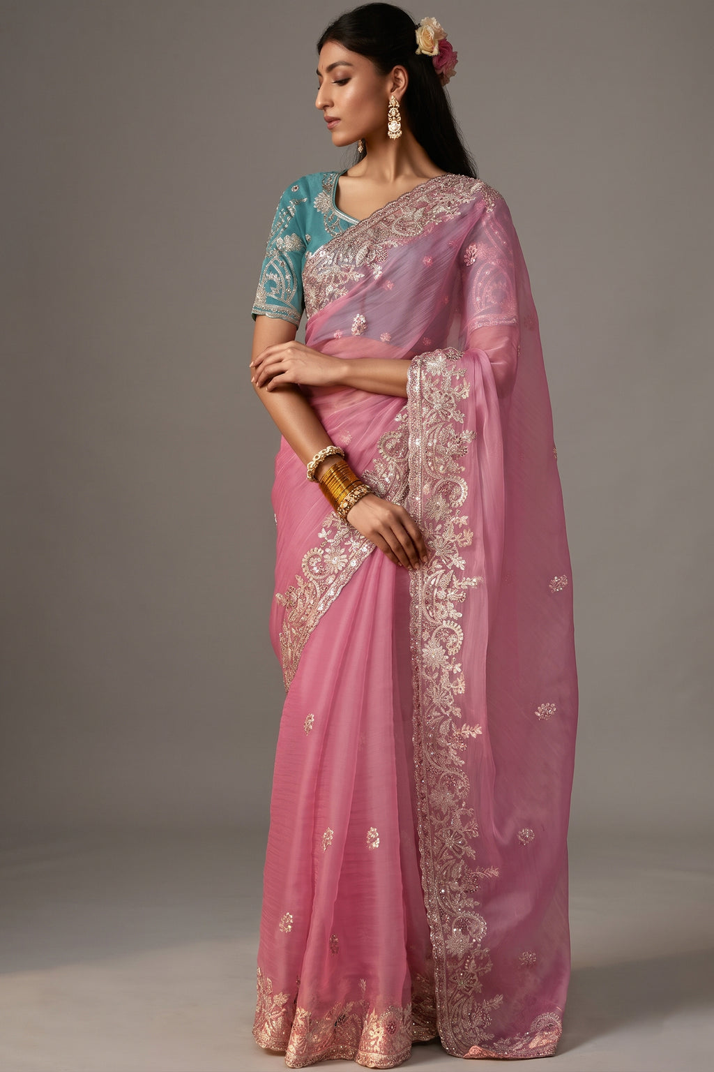 Soft Pink Organza Saree with Gotta Patti