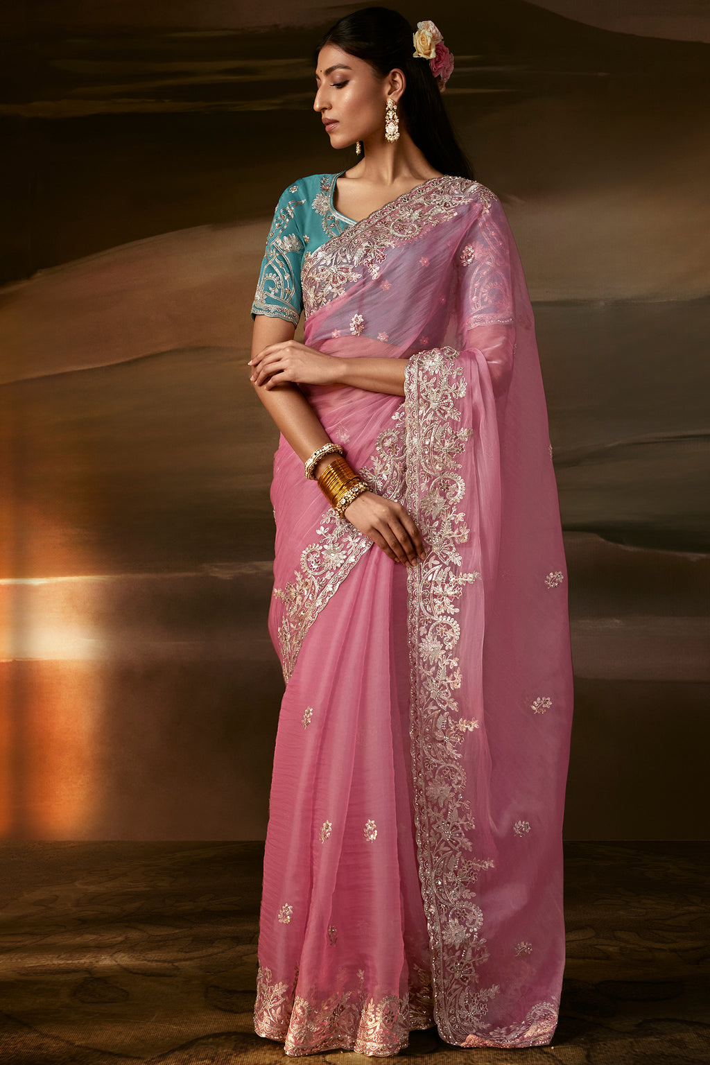 Soft Pink Organza Saree with Gotta Patti