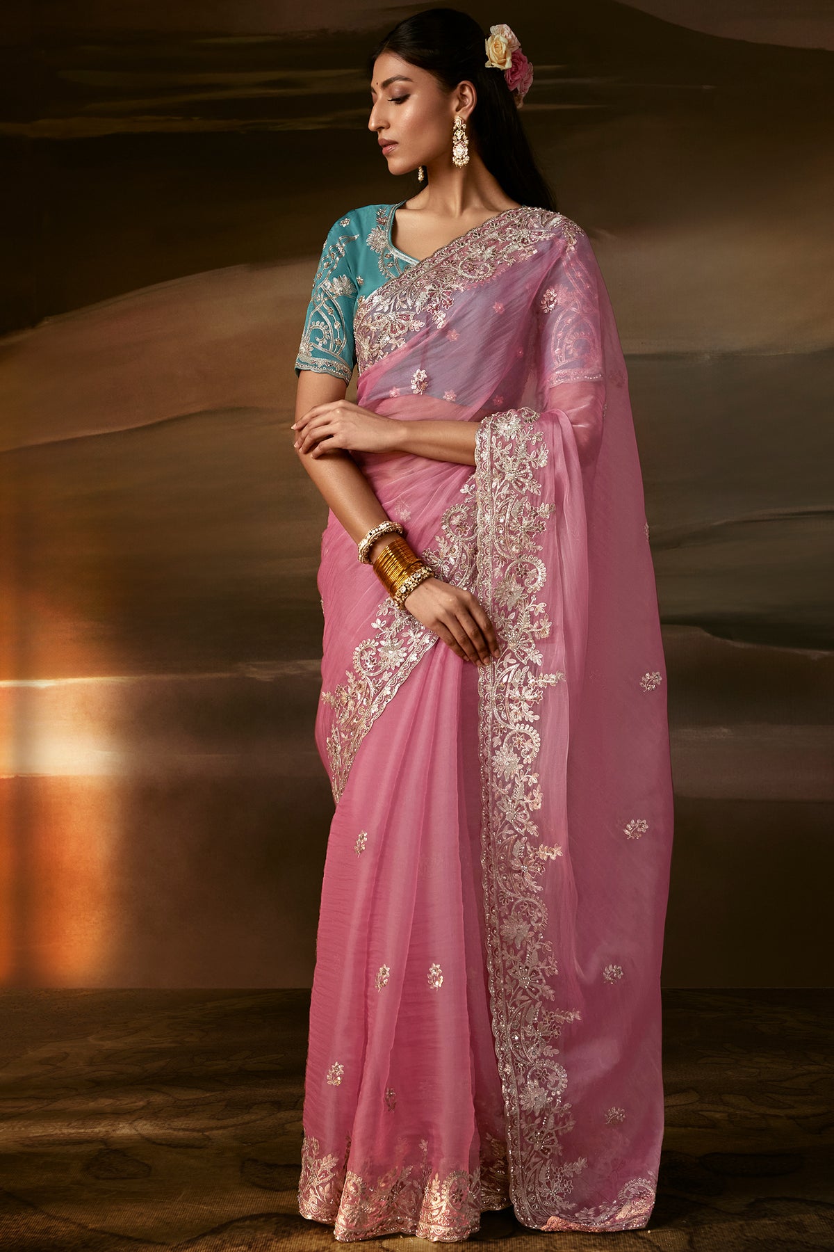 Soft Pink Organza Saree with Gotta Patti