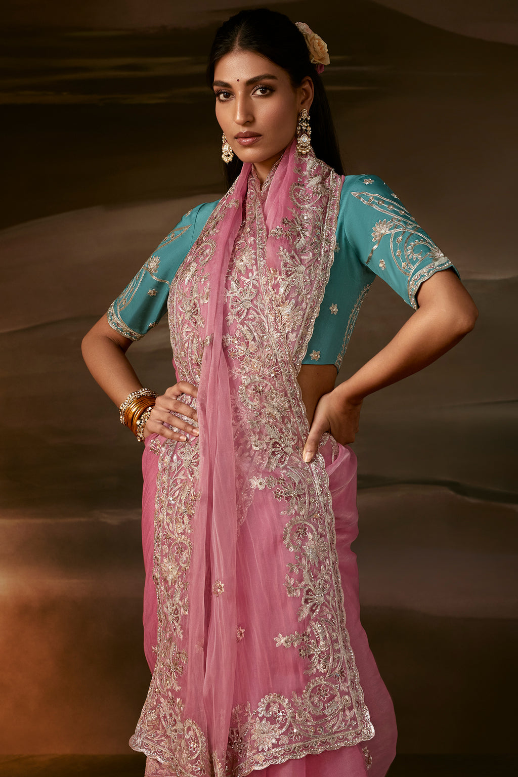 Soft Pink Organza Saree with Gotta Patti