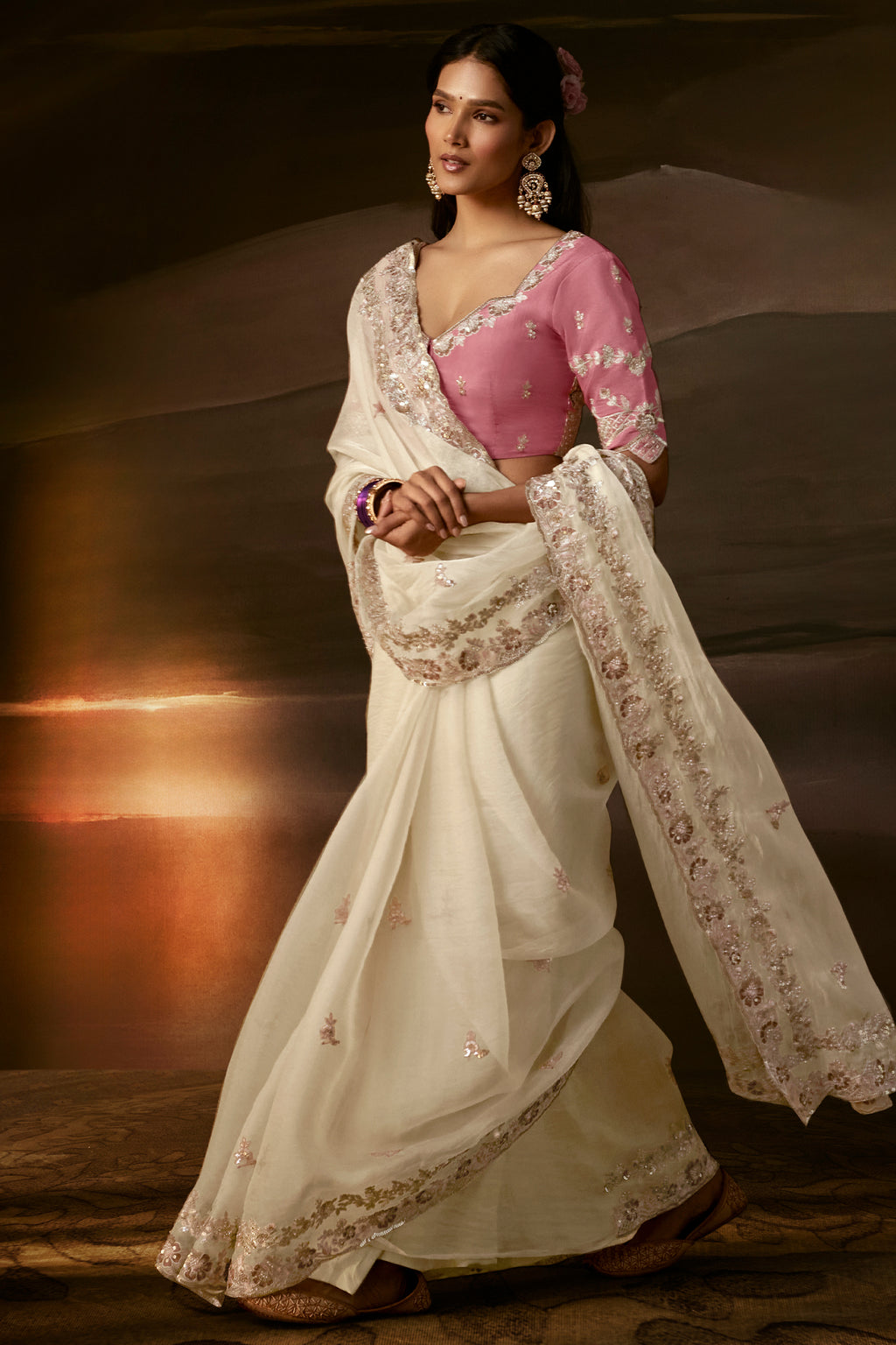 Pristine Ivory Organza Saree with Intricate Gotta Patti