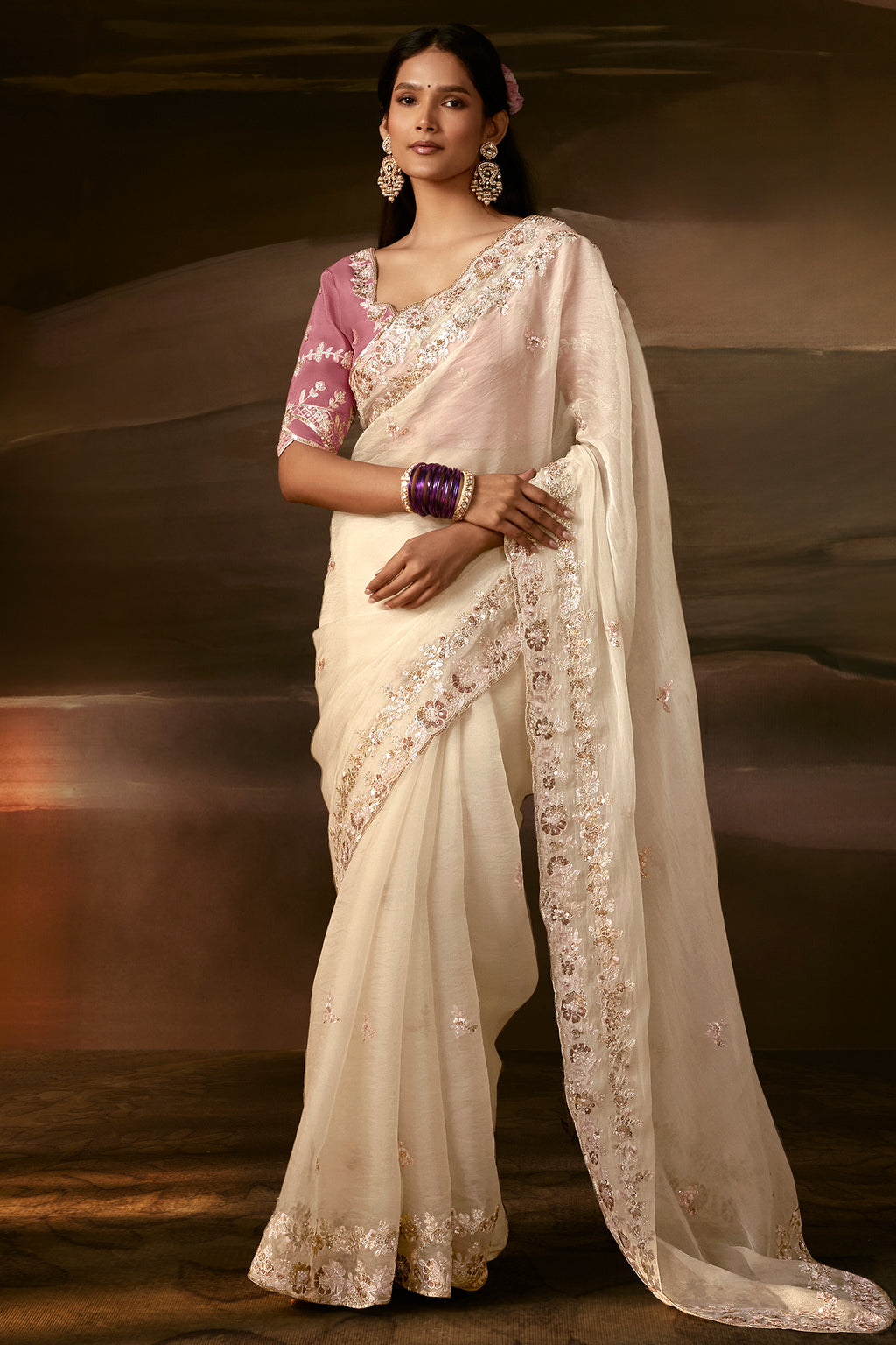 Pristine Ivory Organza Saree with Intricate Gotta Patti