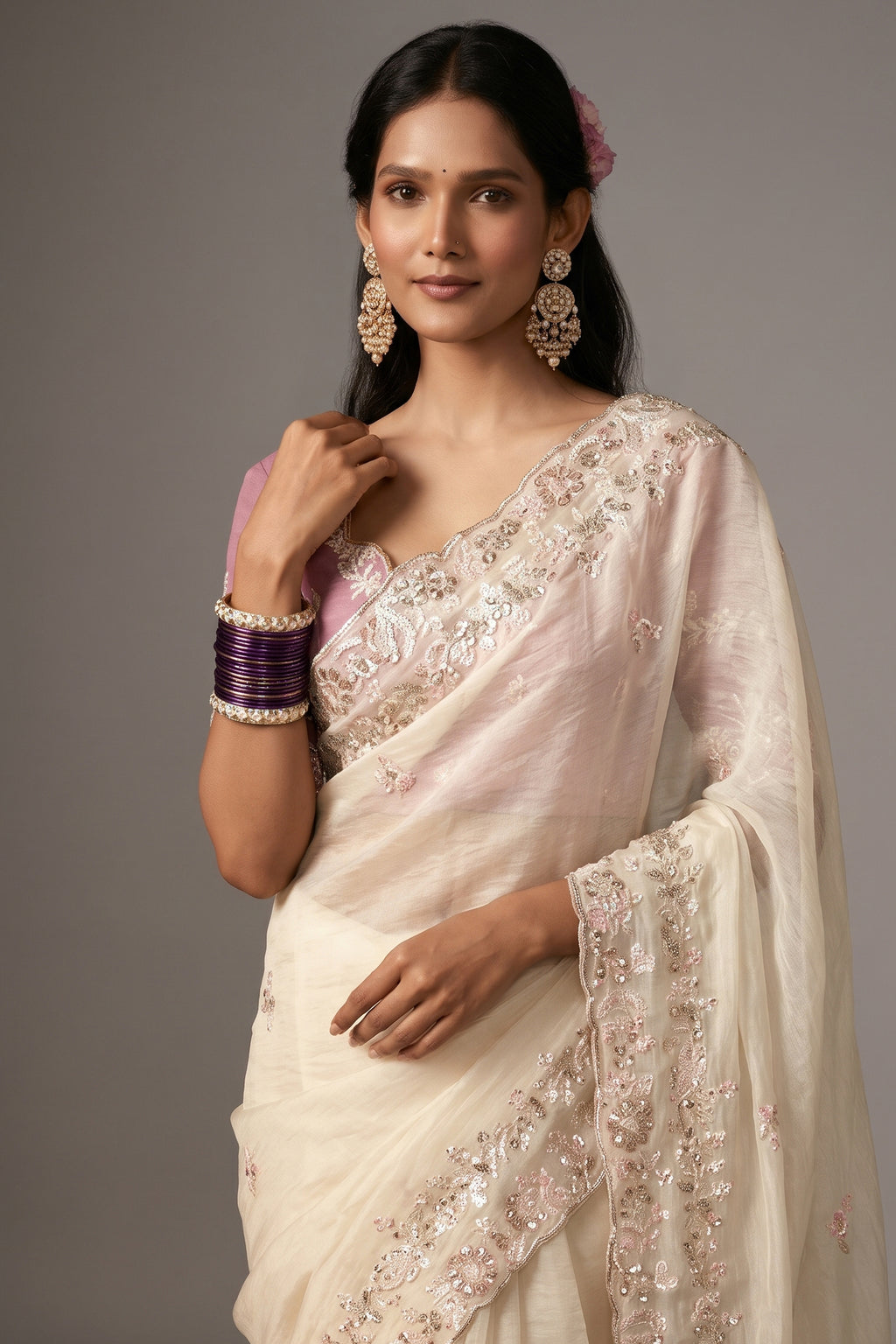 Pristine Ivory Organza Saree with Intricate Gotta Patti