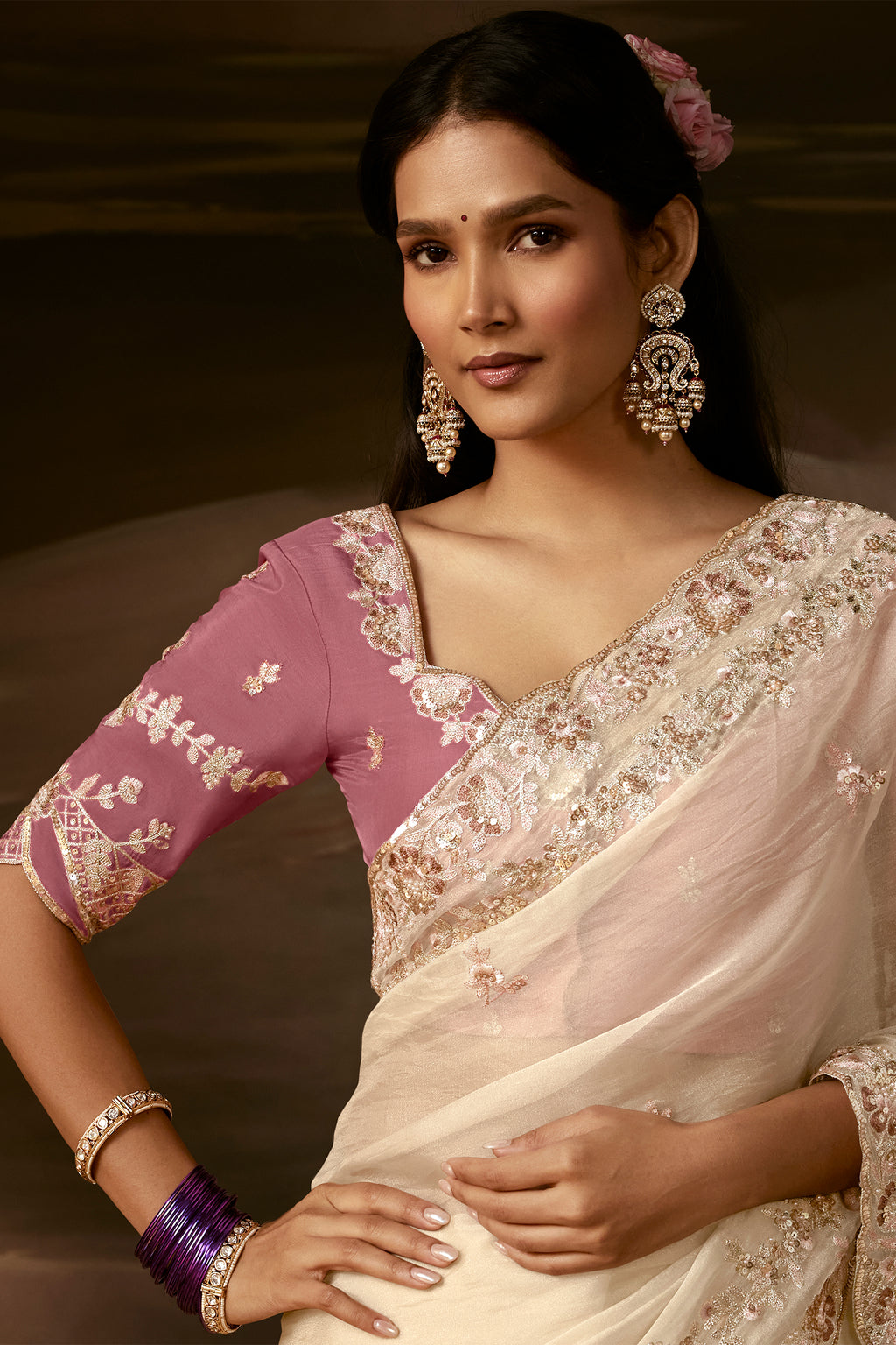 Pristine Ivory Organza Saree with Intricate Gotta Patti