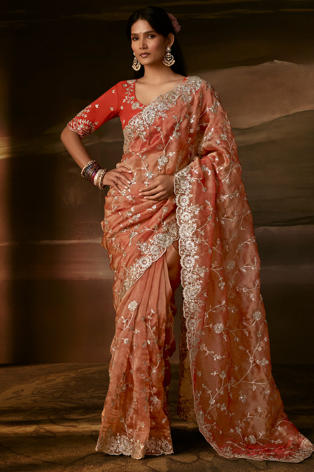 Peach Organza Saree with Gotta Patti