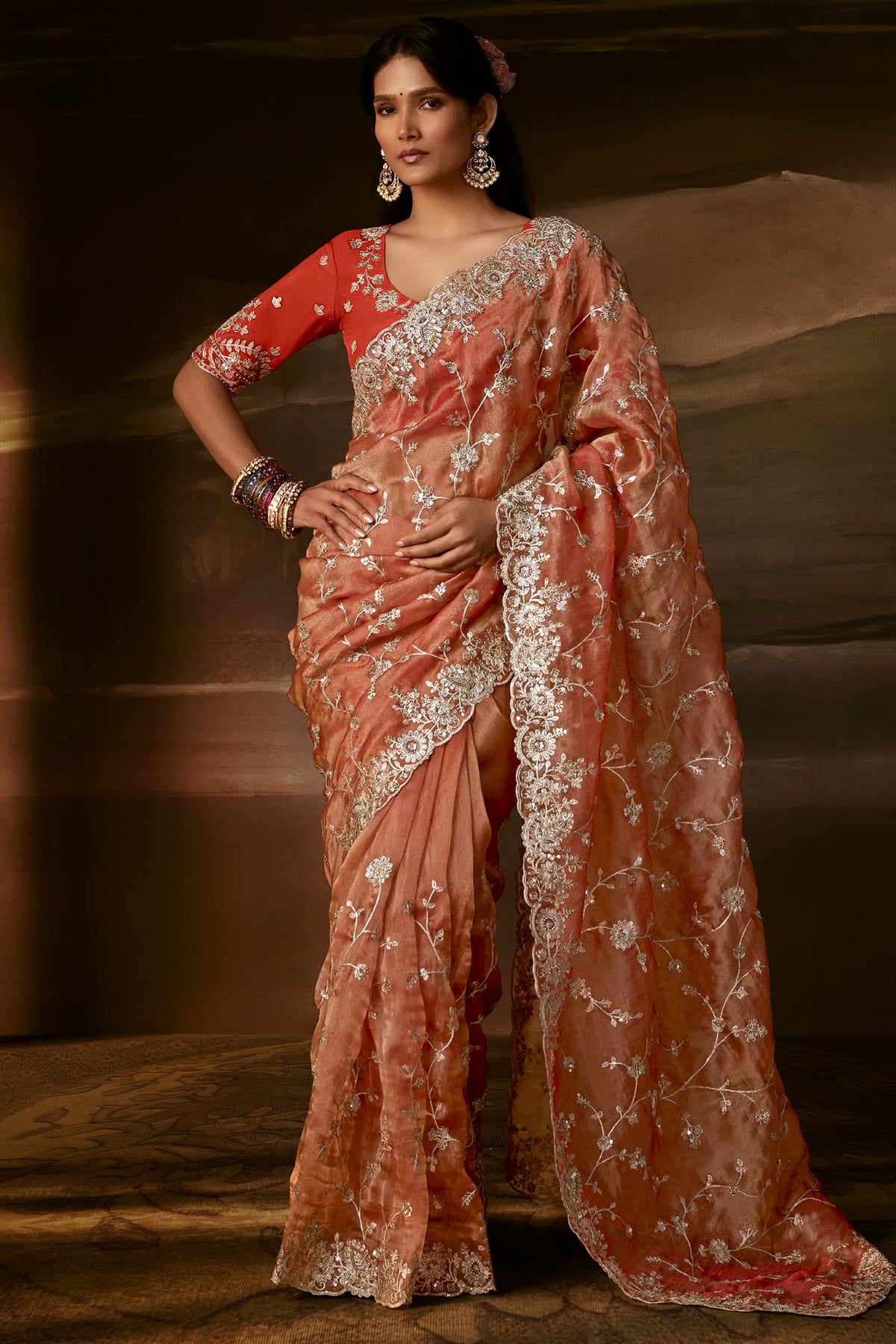 Peach Organza Saree with Gotta Patti