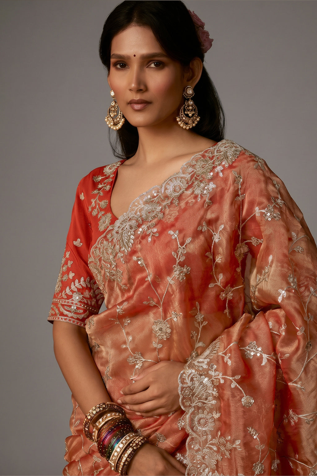 Peach Organza Saree with Gotta Patti