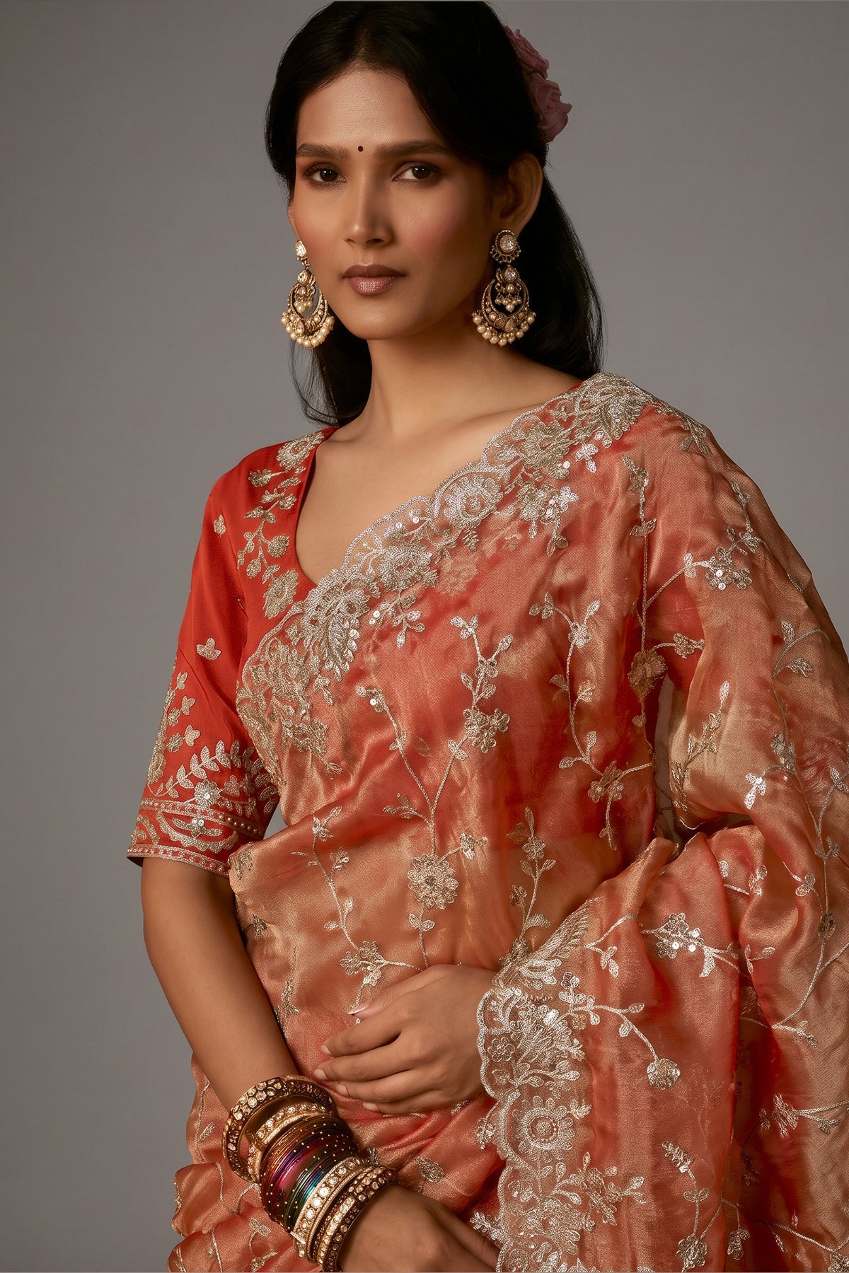 Peach Organza Saree with Gotta Patti